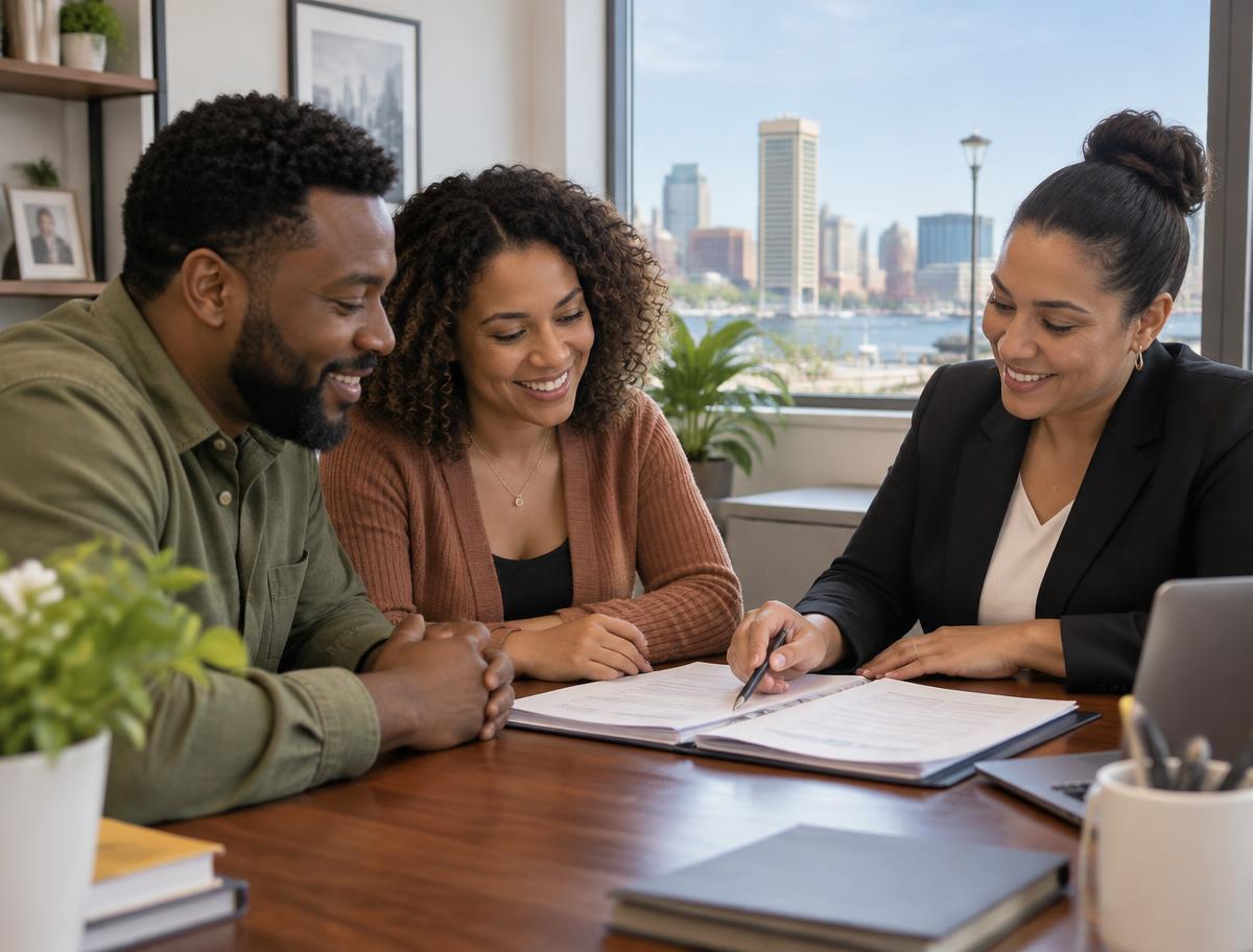 A Baltimore couple reviewing down payment assistance options with a HomeFree-USA advisor