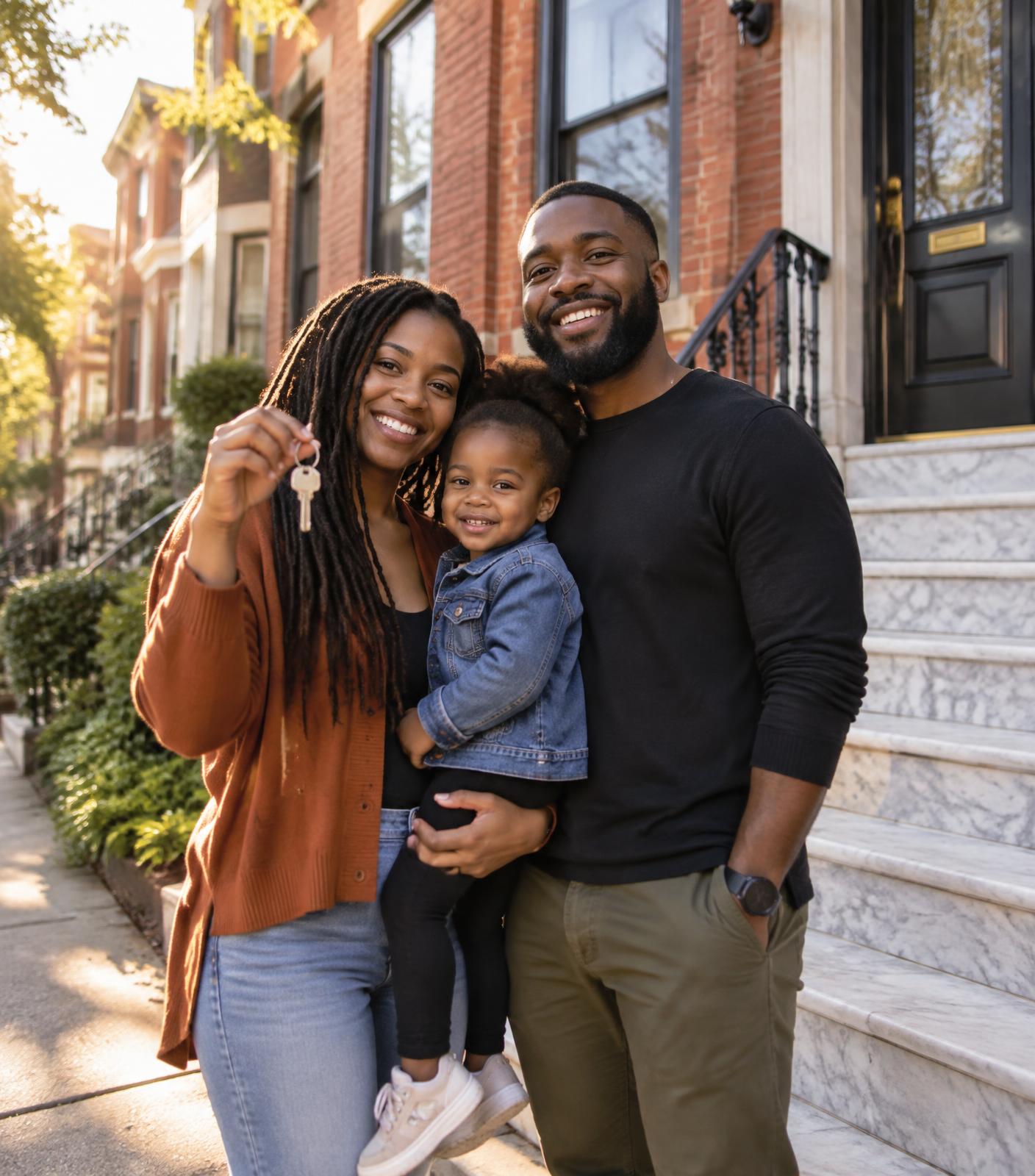 A Baltimore family celebrating with the keys to their first home in front of a classic city rowhouse